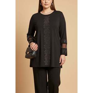 Suéter de punto con detalles en los hombros y mangas, talla grande, color negro - Product Image 1