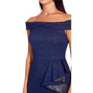 Abito da sera Adrianna Papell da donna in raso blu navy taglia 8 - Decorazione a strati con paillettes, vita impero, scollo rotondo, abito da ballo lungo fino al pavimento - Product Image 3