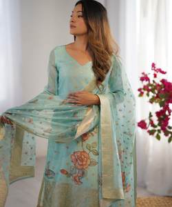 Conjunto de uso diario de algodón Salwar Kameez con estampado étnico Kurta y Dupatta para mujer - Product Image 4