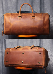 Genuine Leather Foldable Portable <b>Duffel</b> <b>Bag</b> Weekender Travel Carry-On with Zipper Closure Adjustable Strap Brown - Product Image 4