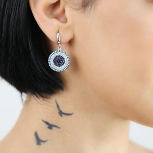 Oeil turc Design rond boucles d'oreilles pendantes porte-bonheur forme classique turc en gros 925 bijoux en argent Sterling - Product Image 2