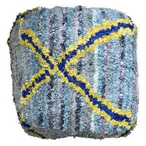 Puf Rectangular Marroquí Hecho a Mano con Diseño a Cuadros Azul, Amarillo y Gris, Estilo Bohemio, 100% Algodón, Moderno - Product Image 1