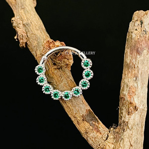 14K Solid <b>Gold</b> Bezel Set Miligrain CZ Green Diamond Daith Piercing Fine Jewelry. - Product Image 2