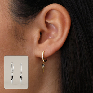 Black Onyx Paved Spike <b>Earring</b> With Cz Quartz Hoop <b>Earring</b>, Faceted Oval Shape Gemstone Dangle 925 Sterling Silver Women Jewelry - Product Image 2