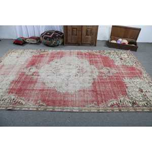 Turkish Vintage Rug, 6.2x10.1 ft Large Rug, <b>Red</b> White Solid <b>Wool</b> Rug - Product Image 3