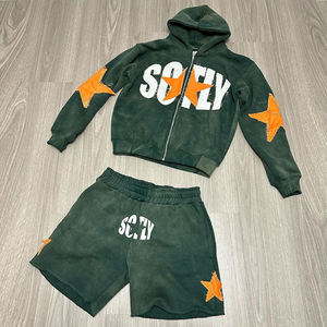 Nouveaux ensembles de sweat à capuche logo personnalisé short décontracté pour hommes chapeau ajusté en coton côtelé ensemble court de survêtement 360gsm - Product Image 4