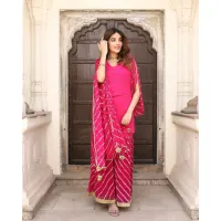 Ensemble Sharara rose en pur chiffon pour femme avec broderies Leheriya et dupatta