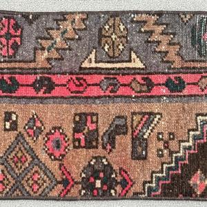 Turkish Small Rug, 1x2.9 ft Vintage Rug, <b>Brown</b> Ikat <b>Wool</b> Rug - Product Image 3