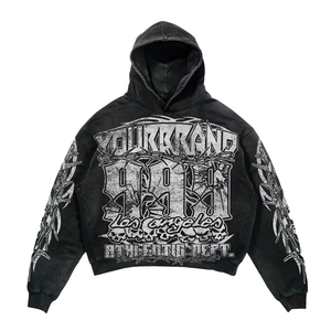 เสื้อฮู้ดดี้ผู้ชายแบบสั่งทำ ปักลายด้วยคริสตัล พิมพ์ลาย DTG สไตล์วินเทจ ล้างสีแบบแอซิด ทรงบ็อกซี่ ขอบดิบ ตกแต่งแบบดิสเทรส ผลิตจำนวนน้อยได้ ปี 2025 ผ้าฝ้าย 100% - Product Image 4