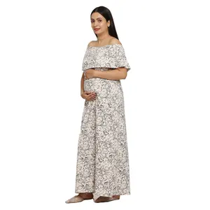 Algodón orgánico de alta calidad Nuevo diseño Fuera del hombro Impreso Maxi Vestido Ropa de maternidad Vestidos de mujeres embarazadas en hermoso color