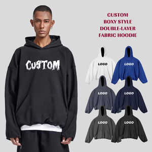 เสื้อฮู้ดดี้ทรงบ็อกซี่ผ้าฝ้ายสองชั้น 420 GSM แบบไม่มีเชือกผูก คอตตอน สำหรับฤดูหนาว แบบยูนิเซ็กซ์ รับผลิตตามแบบ (OEM) พิมพ์ลาย DTG ทรงโอเวอร์ไซส์ - Product Image 1