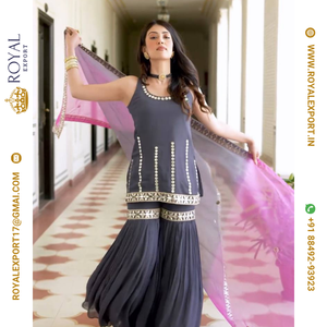 เสื้อ georgette หนังเทียมดูดีมีสไตล์ดีไซน์ใหม่สำหรับใส่ไปงานปาร์ตี้ Sharara Plazzo and Dupatta - Product Image 6