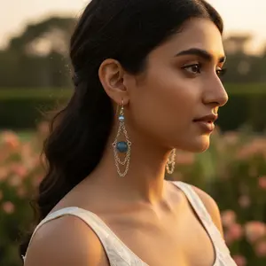 Boucles d'oreilles pendantes vintage en argent plaqué or avec pierre précieuse bleue pour femmes, style religieux avec crochet en platine, idée cadeau pour mariage ou fête - Product Image 2