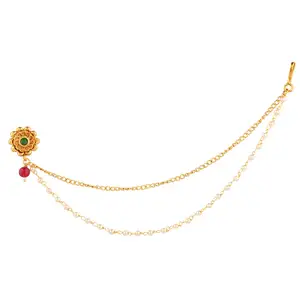 印度鼻环夹带链花人造珍珠层鼻针水晶新娘婚礼不穿孔女性饰品，绿色