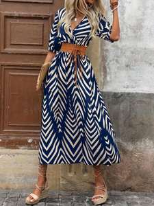 Vente en gros de robes d'été à imprimé floral en coton personnalisées robes à la mode maxi à manches longues et col en V robe décontractée pour femme - Product Image 4