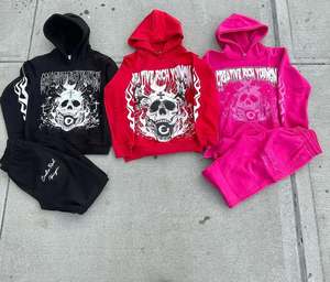 ชุดออกกำลังกายผ้ามีฮู้ดสำหรับผู้ชายกางเกงวอร์มผ้ามีซิปพิมพ์ลายแป้งพัฟสำหรับเล่นกีฬาสไตล์ฮิปฮอปออกแบบได้ตามต้องการ - Product Image 1