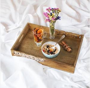 Flourish Carved Solid Mango Wood Coffee Table <b>Tray</b> Hand Carved Wooden <b>Large</b> Serving, Decor Wooden <b>Tray</b> for Hotels & Restaurants - Product Image 5