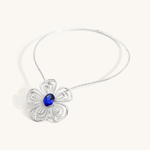 Collar de lujo con flor de diamantes y zafiro azul natural en oro blanco de 18 quilates para mujer, alta joyería, colgante de zafiro ovalado, para boda - Product Image 2