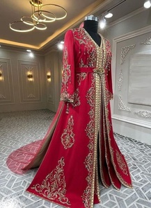 2025 @ Robe caftan Takchita rouge marron algérienne traditionnelle avec perles de verre en cristal embellies, Dabka, perles de travail pour mariage - Product Image 2