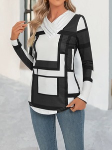 Camiseta de Manga Larga con Cuello en V para Mujer, Estampado Geométrico, Informal, Transpirable - Product Image 5