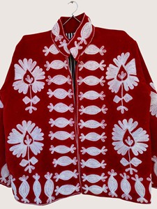 Red Floral Embroidered Cotton <b>Coat</b> With Batwing Sleeves Mandarin Collar Plus Size Women's Casual Outerwear Winter Wear - Product Image 5