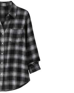 Women Oversized Plaid Button Up Shirt <b>Black</b> Grey <b>Long</b> <b>Sleeve</b> Casual Flannel Checkered Tunic <b>Top</b> Soft Winter Wear Wholesale - Product Image 3