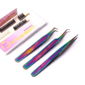 Pinzas de extensión de pestañas de acero inoxidable con revestimiento de color arcoíris y logotipo personalizado, Punta puntiaguda para pestañas postizas - Product Image 5
