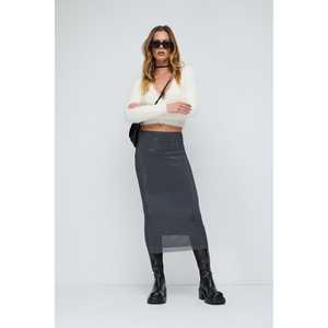 Mega Merchant Casual Flared <b>Maxi</b> <b>Skirt</b> Studs Genuine Leather <b>Pleat</b> Design Plain Style Plus Size Knitted Slit Natural Waist Short - Product Image 1