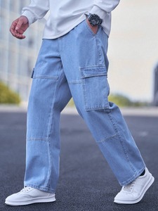 Jean Cargo en Denim Classique pour Hommes Confortable Tissu Durable Coupe Ample Pantalon à Jambe Droite avec Poches Utilitaires Style Hip Hop - Product Image 5