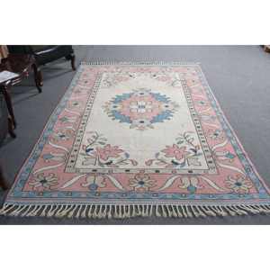 พรมตุรกีพื้นที่ขนาดใหญ่สีชมพูฟ้าคลาสสิกขนสัตว์แฮนด์เมดขนาด5.9x9.3ฟุตมีแผ่นยางด้านหลังเป็นรูปสี่เหลี่ยมผืนผ้าสำหรับโถงทางเดินรุ่นใหม่ - Product Image 4