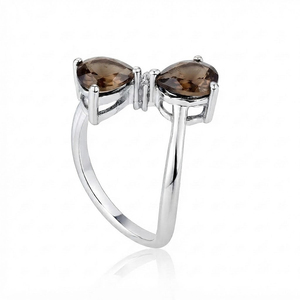 Anillo de Plata de Ley con Doble Gema de Cuarzo Ahumado en Forma de Pera para Mujer, con Engaste de Diamantes y Baño de Rodio, Romántico para Compromiso o Boda - Product Image 2