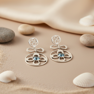 Boucles d'oreilles pendantes en argent 925 avec topaze bleue, design floral vintage, plaqué or pour femmes - pour mariage, fête ou cadeau - Product Image 1