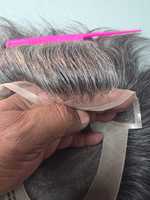 Taz Hair BD Fusion Perruque toupet en cheveux humains Remy à trame nouée à la main, base en dentelle frontale, couleur mixte 1B, patchs capillaires gris, prothèse capillaire