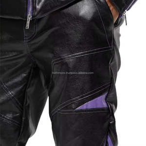 À la mode respirant en cuir noir pantalon mi contraste violet panneaux fermeture éclair cheville point blanc détaillant Streetwear motard mode - Product Image 6