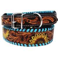 Collar de Cuero para Perro con Diseño de Girasol, Acolchado Suave, Tallado a Mano, Ajustable y Cómodo, Correa Hecha a Mano para el Cuello del Perro