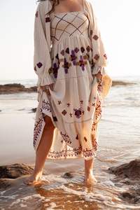 Flared Hem Solid Cotton Washable <b>Dress</b> with Embroidery Smockwork Natural Waistline Eco-Friendly Outdoor <b>Style</b> Maxi ODM Supply - Product Image 2