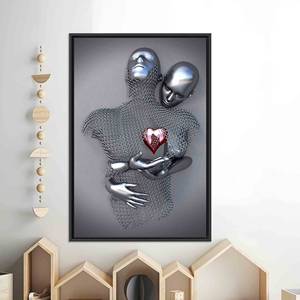Tableau mural élégant en toile 3D argentée pour couple : Impression romantique d'amour, TOILE ENCARTÉCHÉE NOIRE - Product Image 1