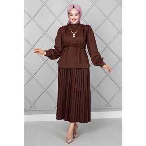 Hombros Botón Detalle Hijab 2 Piezas Traje Marrón - Product Image 5