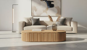 Mesa de Centro Ovalada de Roble Acanalado de Lujo - Diseño Moderno de Madera con Listones para Salas de Estar de Alta Gama - Product Image 2