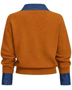 Custom Rust Brown Knit Sweater <b>With</b> Blue Denim Collar Women Winter Pullover Long Sleeve Casual Warm Top Fashion Streetwear Style - Product Image 5