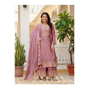 ชุดเสื้อผ้าผ้าไหมหรูหราและชุดปาลาซโซพร้อมด้วยชุดงานปักลำดับดีไซน์เนอร์เหมาะสำหรับงานปาร์ตี้ในช่วงเทศกาล - Product Image 1