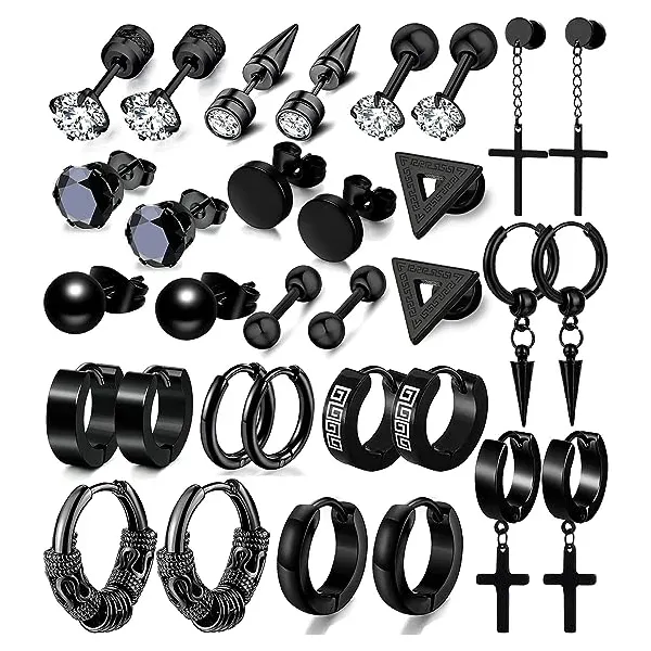 Moda Jóias Atacado 16 Pares/Set Piercing Diamante Preto Banhado A Aço Inoxidável Cruz Dangle Ear Hoop Stud Brincos Para Homens