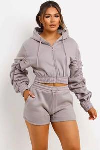 ชุดวอร์ม2ชิ้นสำหรับผู้หญิงชุด2ชิ้นเสื้อแขนยาวมีฮู้ดผ้าฝ้ายกางเกงขาสั้นลำลองชุดเสื้อผ้าใส่อยู่บ้าน - Product Image 4