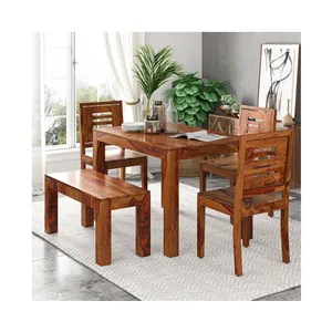 Modern ev için 1 tezgah ve 3 sandalye yemek masası ile kompakt tarzı en kaliteli Sheesham ahşap mobilya seti