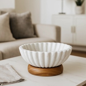 Modern Luxury Design Premium Quality Floral Decorative Fruit & Salad Serving <b>Marble</b> Bowl with Wooden Base at Competitive Price - Product Image 1