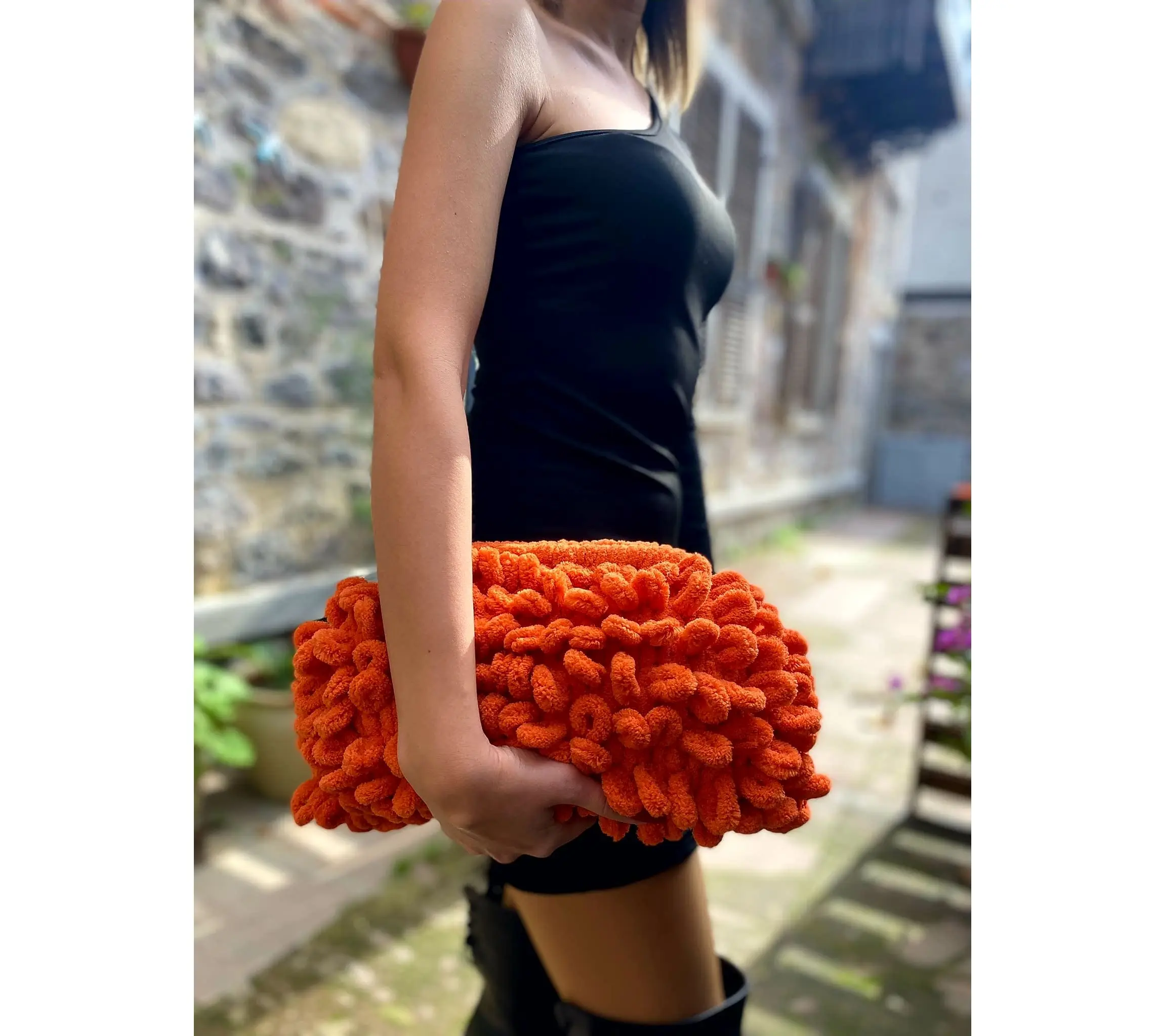 Handgemachte Tasche Strickerei Damen Teddy-Clutches Puffy-Tasche Häkeln flauschiger Beutel Tasche Handtasche Cloud-Clutch schäbig orange