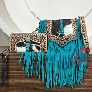 Nuevo conjunto de dos piezas de gran capacidad, cuero de vaca genuino, bolso de hombro con flecos para mujer y bolso de mano, conjuntos combinados para mujer - Product Image 1