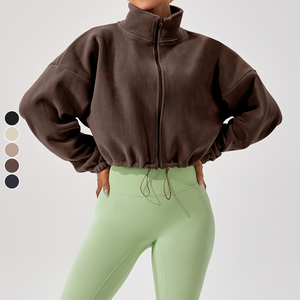 Sudadera con capucha y cremallera recortada para mujer, ropa deportiva de grosor polar, suéteres de invierno sólidos, abrigo para correr con cordón, traje de entrenamiento - Product Image 1