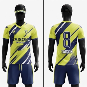 Ensemble de maillot de football pour hommes en polyester interlock 140g, anti-rétrécissement, séchage rapide, vert citron et bleu marine, avec impression numérique personnalisée et fermeture à cordon de serrage - Product Image 1