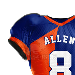 เสื้อฟุตบอลอเมริกัน Allen 8 สีน้ำเงินส้ม ลายพิมพ์แบบ Sublimated คอวี แขนสั้น ทรงเข้ารูป เสื้อผ้าผู้ชาย MOQ ต่ำ - Product Image 4